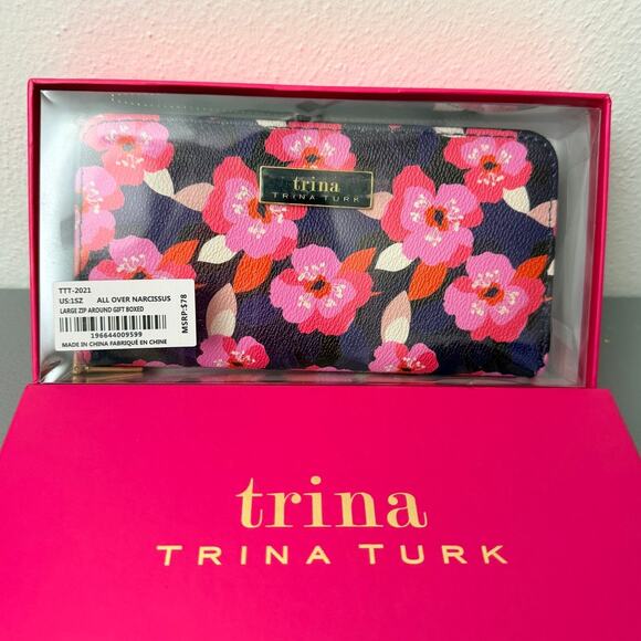 Trina Turk Handbags - Trina Turk Floral Zip Around Wallet Navy Pink NWT Gift Box Narcissus Print